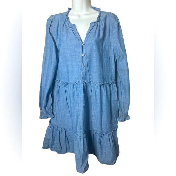 J. Crew Re-Imagined Blue Chambray Tiered Ruffle Dress Women’s Sz 10 Cottagecore - Picture 1 of 10